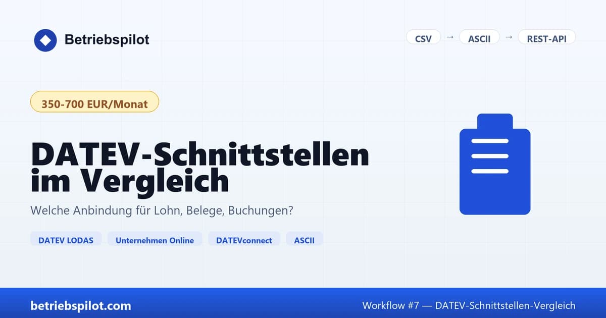 Cover-Grafik Vergleich DATEV-Schnittstellen für Handwerker mit CSV, ASCII, Belegtransfer, DATEVconnect online und Lohnimportdatenservice